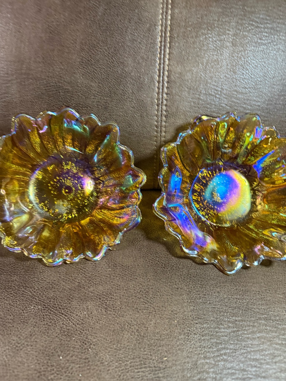 Indiana Iridescent Carnival Glass Sunflower Marigold Amber Vintage 7" Bowls